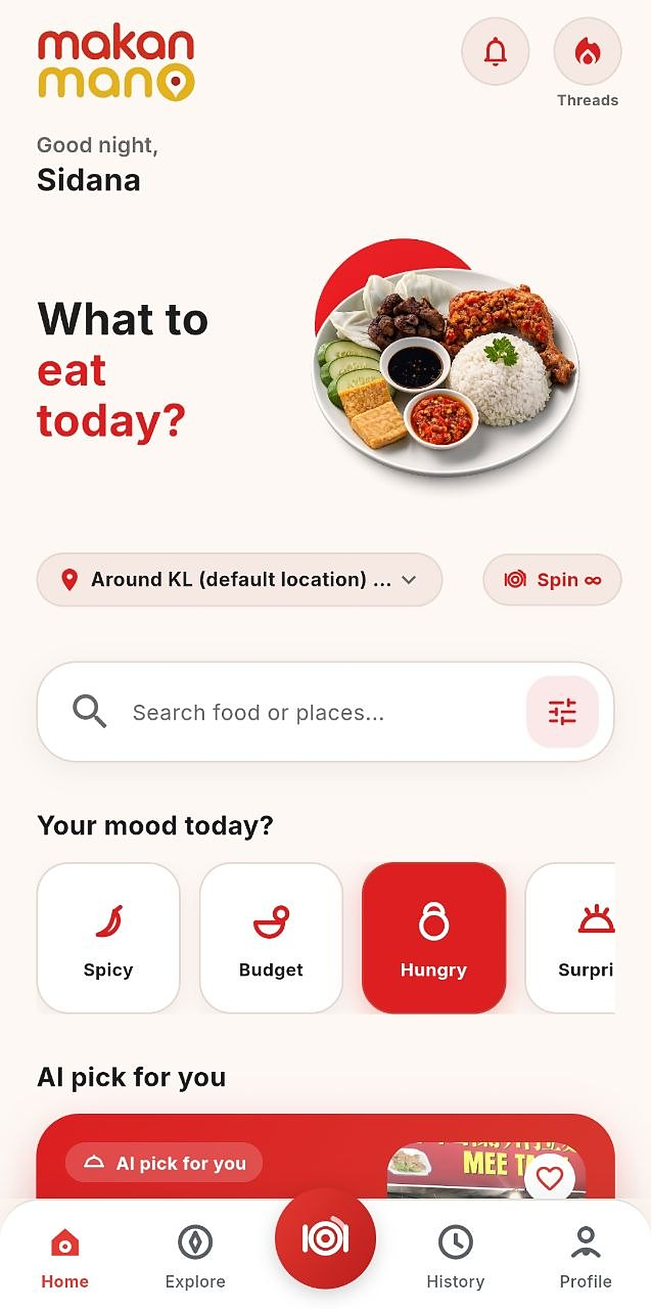 MakanMana app home screen showing mood filters and an AI pick for you