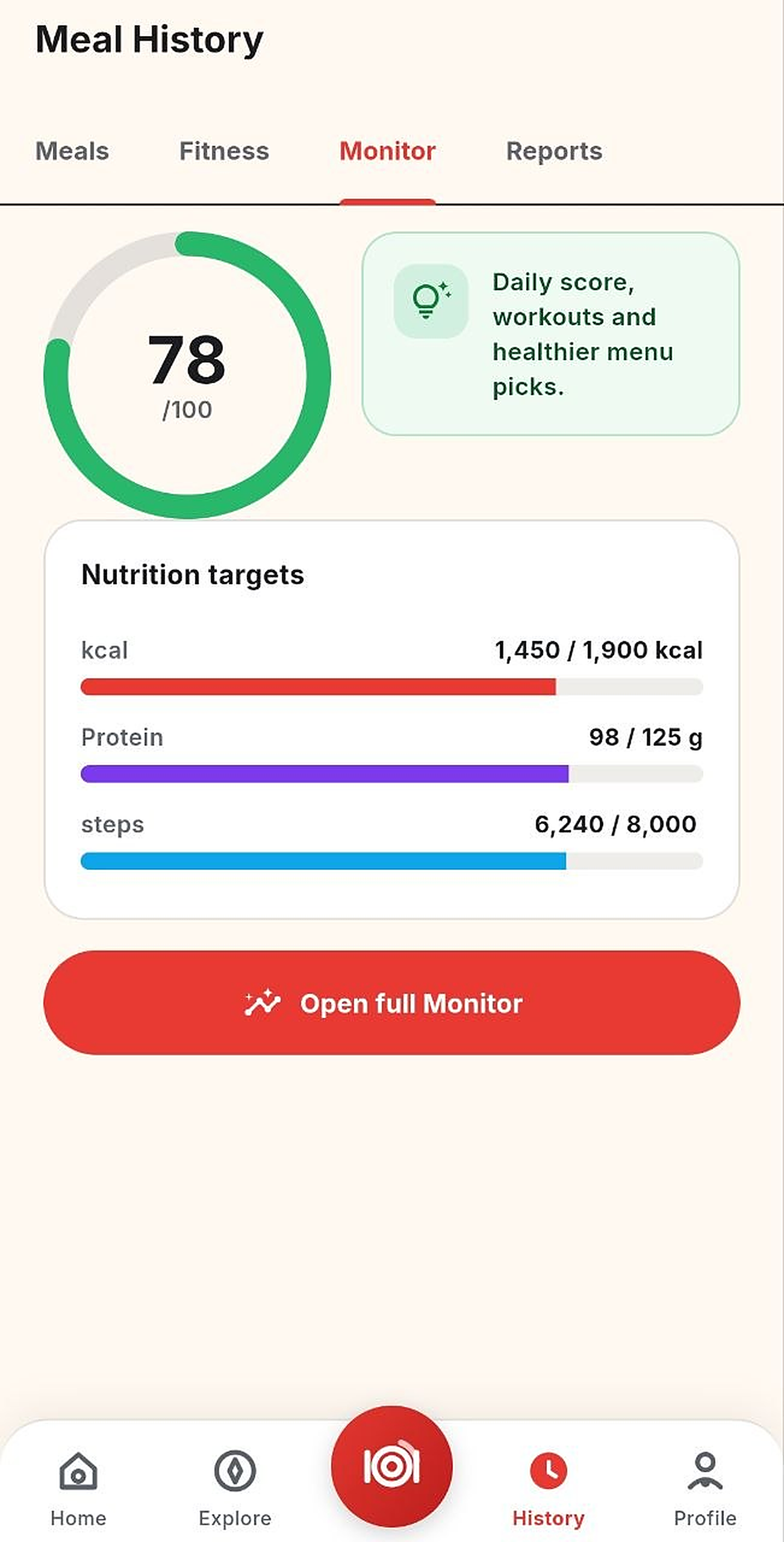 MakanMana Monitor screen with a daily score, nutrition targets for calories and protein, and daily steps