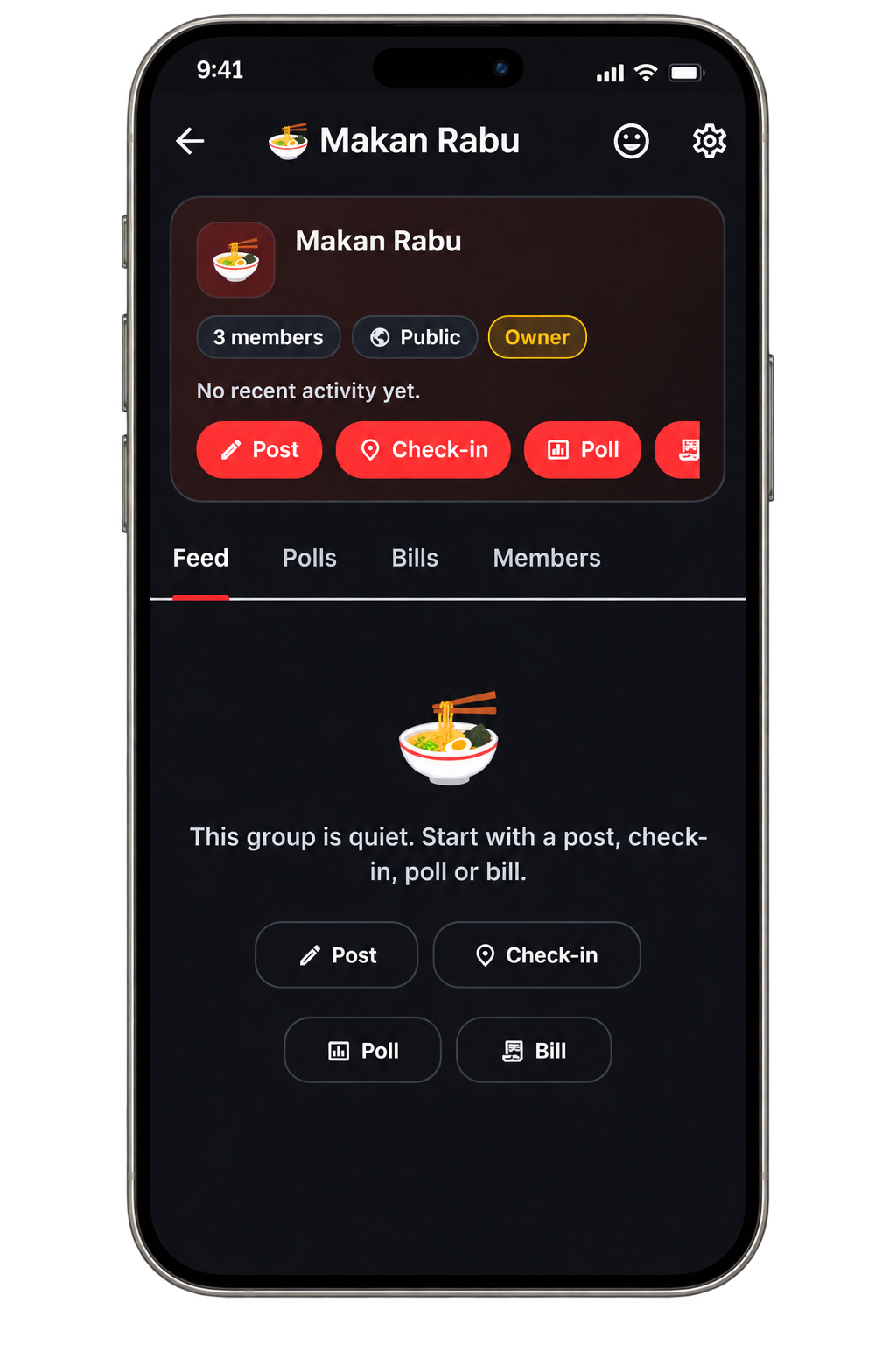 MakanMana group screen in a realistic phone mockup