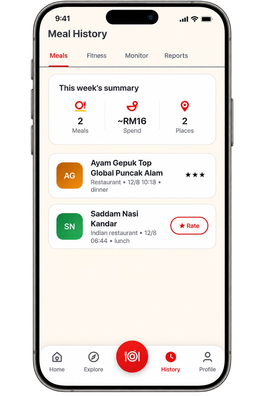 MakanMana meal history screen in a realistic phone mockup