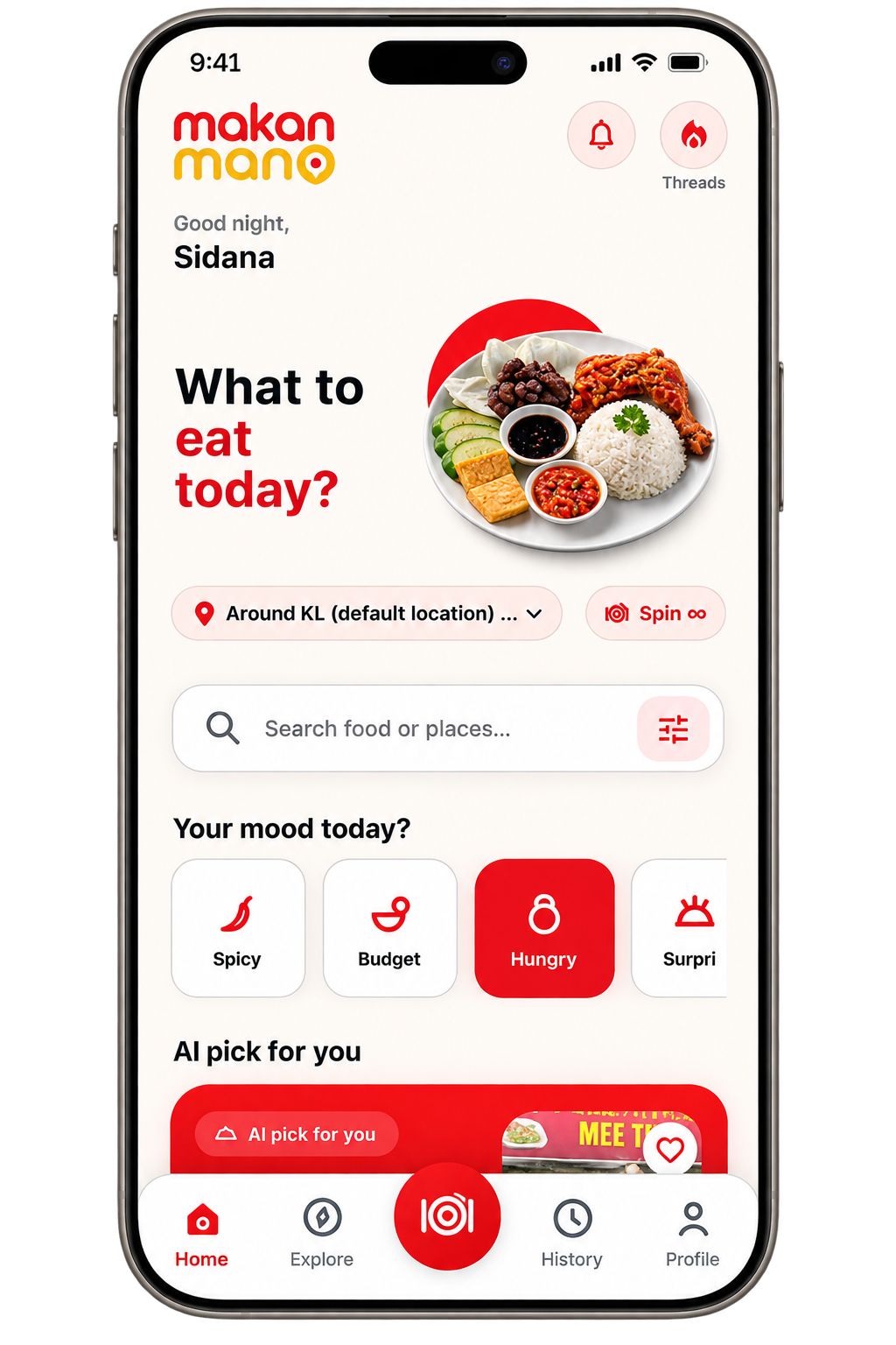 MakanMana app home screen in a realistic phone mockup