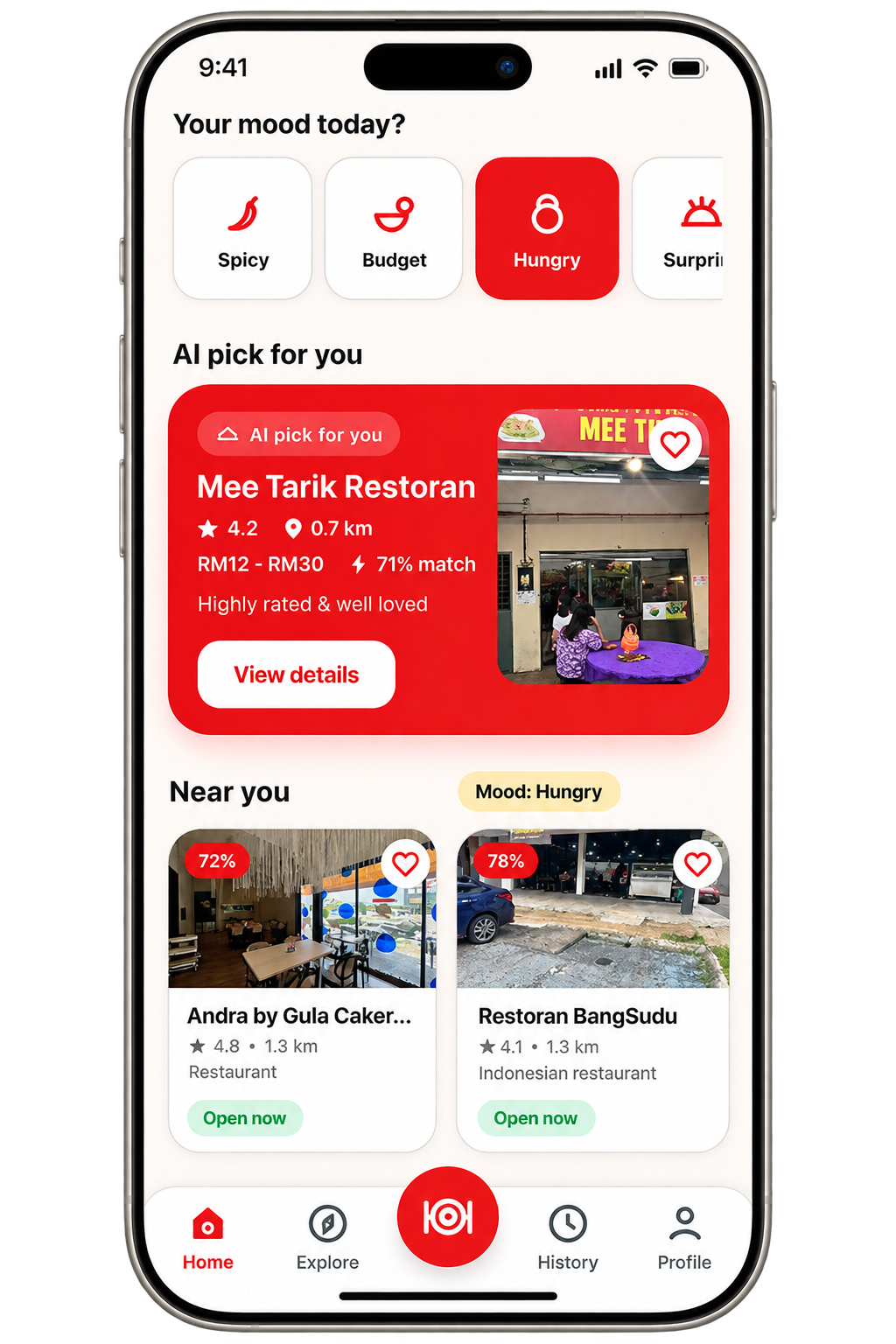 MakanMana AI pick screen in a realistic phone mockup